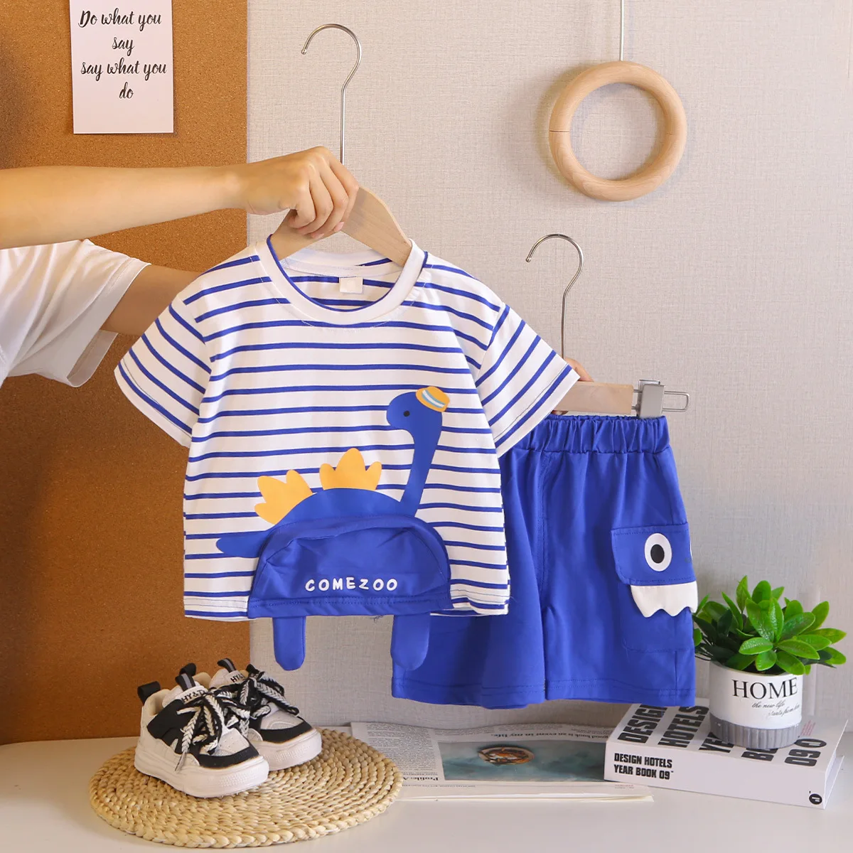 2PCS Toddler Boys Outfit Set 0-5 Years Old Summer Cute Cartoon Dinosaur Striped Pocket T-Shirts and Shorts Kids Casual Clothes