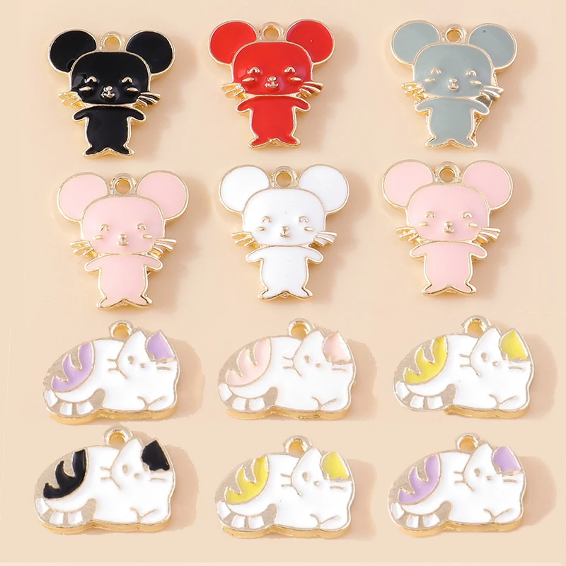 Leslie 10Pcs Cute Enamel Cat and Mouse Charms for Dangle Earrings Bracelet Necklace Kitten Pendants Handmade Jewelry Making