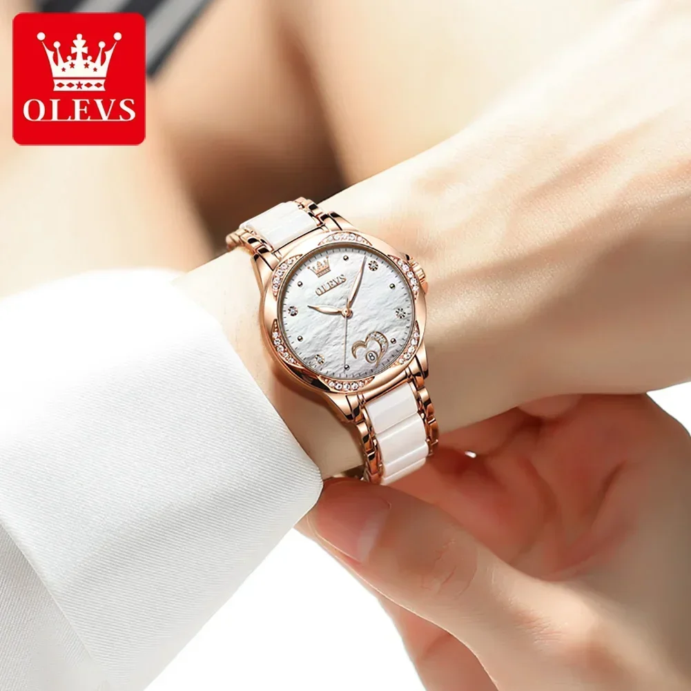 OLEVS Luxury Mechanical Watch for Women Golden Rose Ceramics Strap Ladies Watch Elegant Gift Women Heart Design Automatic Watch