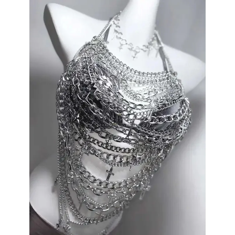 

CyTDH Subculture Future Technology Iron Chain Cross Hollow Chain Splicing Sexy Silver Hot Girl Set