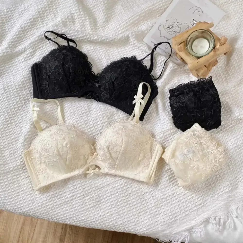 

Comfortable Breathable Lace Flower Bra Bowknot Adjustable Deep-V Bra Intimates Thin Push Up Bra Ladies