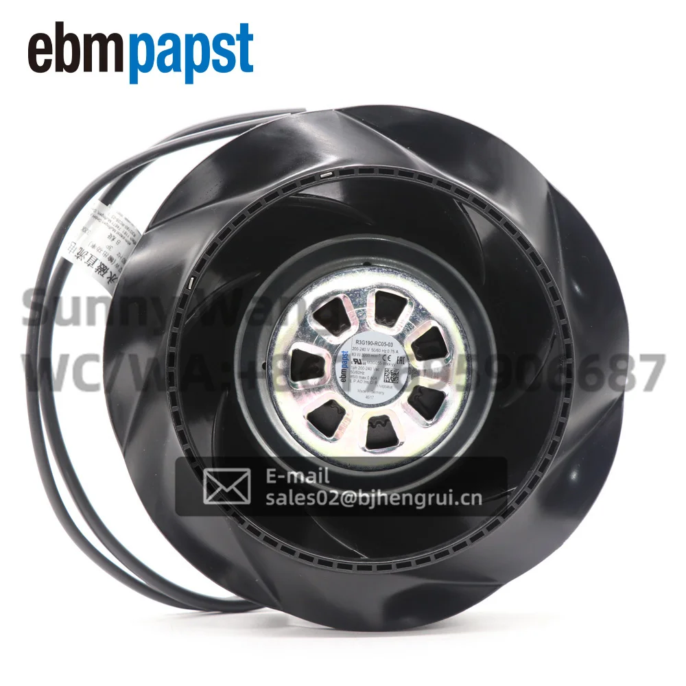 

ebmpapst R3G190-RC05-03 Крыльчатка переменного тока 230 В 190X71,4 мм Круглая 433CFM 83 Вт 3200 об/мин Проводные провода Центробежные охлаждающие вентиляторы