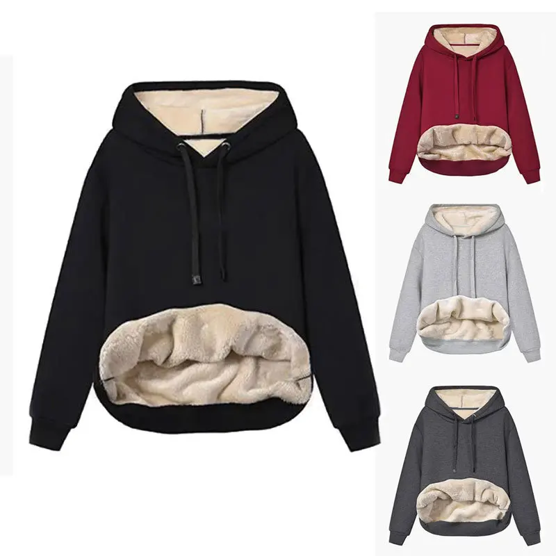 

2025 Women's Warm Lamb Fur Hooded Sports Sweatirt with kets Cusizable Design Service DIY Clothing Procing