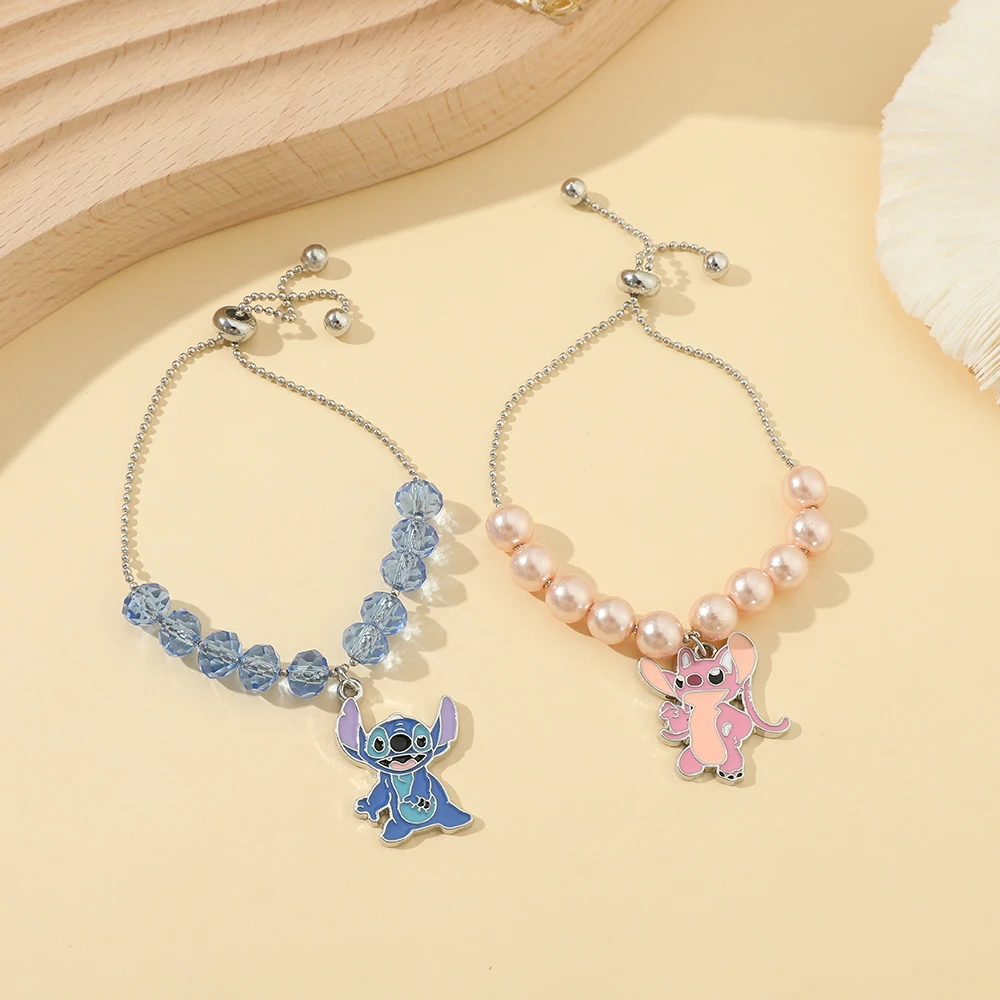 Disney Anime Lilo & Stitch Couple Crystal Beads Bracelet Cute Cartoon Figure Stitch Angel Metal Nameplate Charms Bangles Jewelry