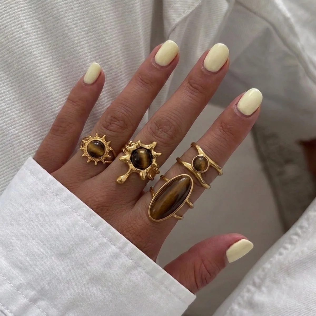 Vintage Maillard Tigerauge-Stein Ovaler Lava-Sonnen-Fingerring für Damen und Herren, Edelstahl, hohler geometrischer Ring, Herbstschmuck – Detail 10