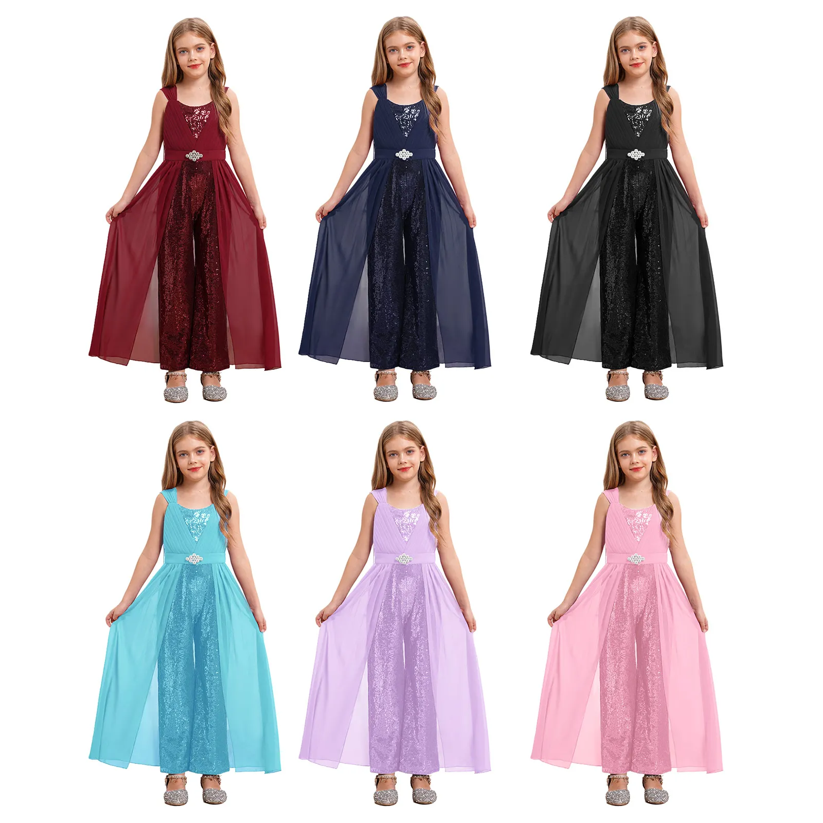 

Children Girls Spaghetti Strap Sequin Gown Ruffled High Waist Wide Leg Jumpsuit Banquet Party Sleeveless Chiffon Cover Outfit