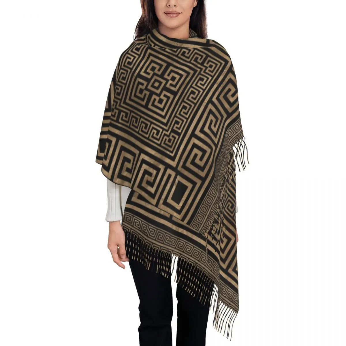 Fashion Greek Key Ornament Tassel Scarf Women Winter Warm Shawl Wrap Ladies Greek Meander Scarves