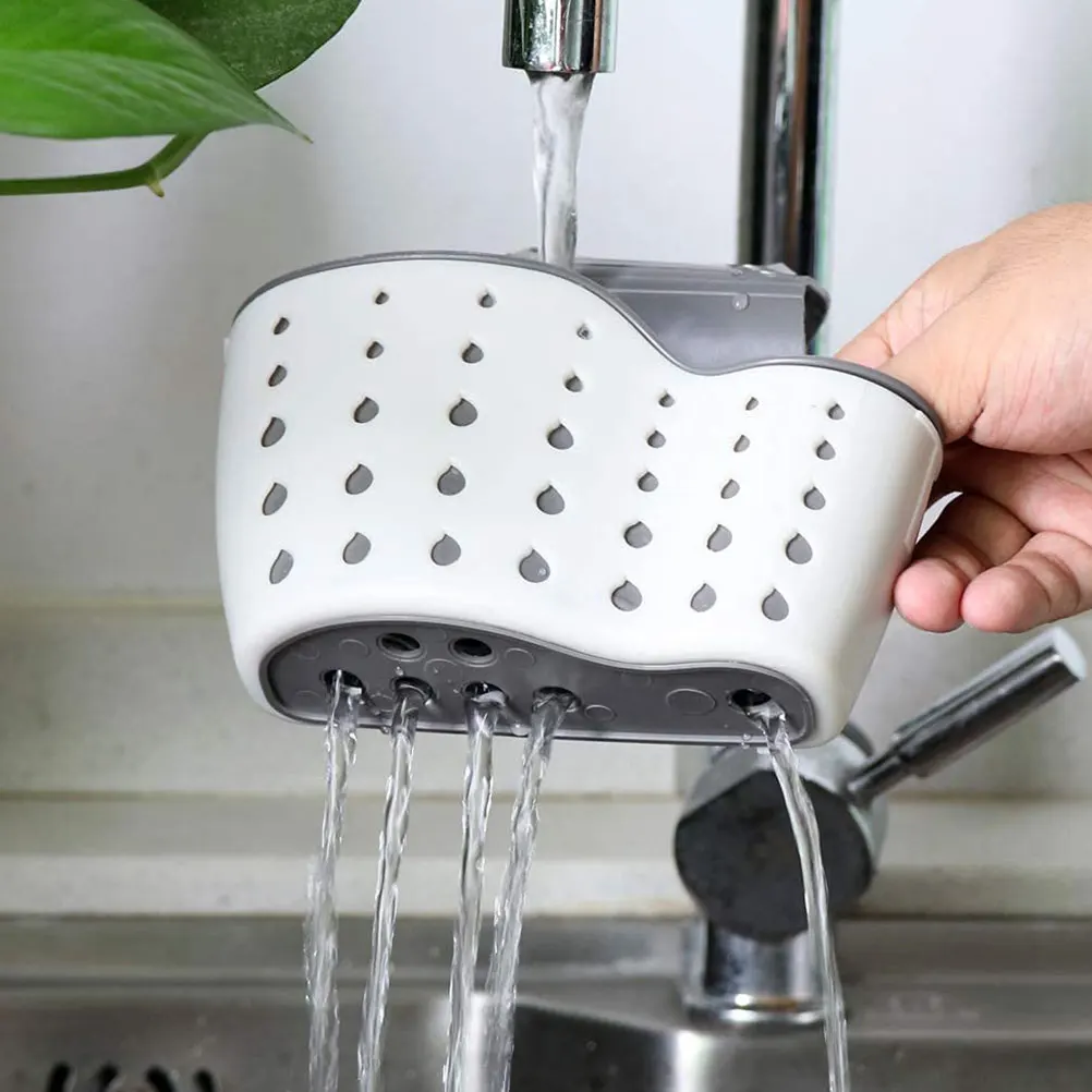 

2Pcs Sink Drain Basket Beige Plastic PP Adjustable Buttons Kitchen Sink Strainer Sponge Holder Draining Accessories Storage