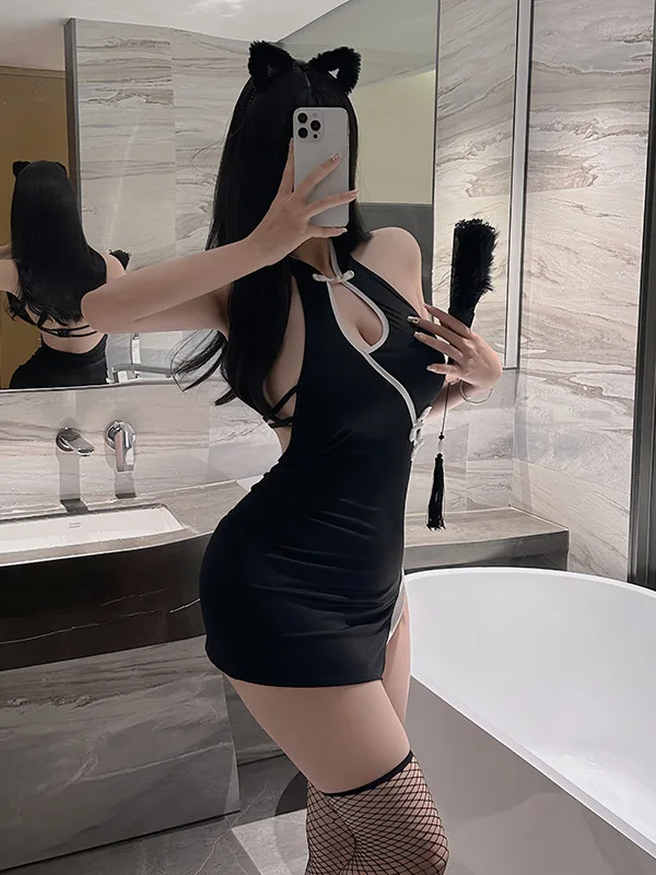 

2025 New Sexy Stand Collar Hanging Neck Hollow Out Backless Cheongsam Women's Cinching Waist Wrap Hip Short Dress WG4B