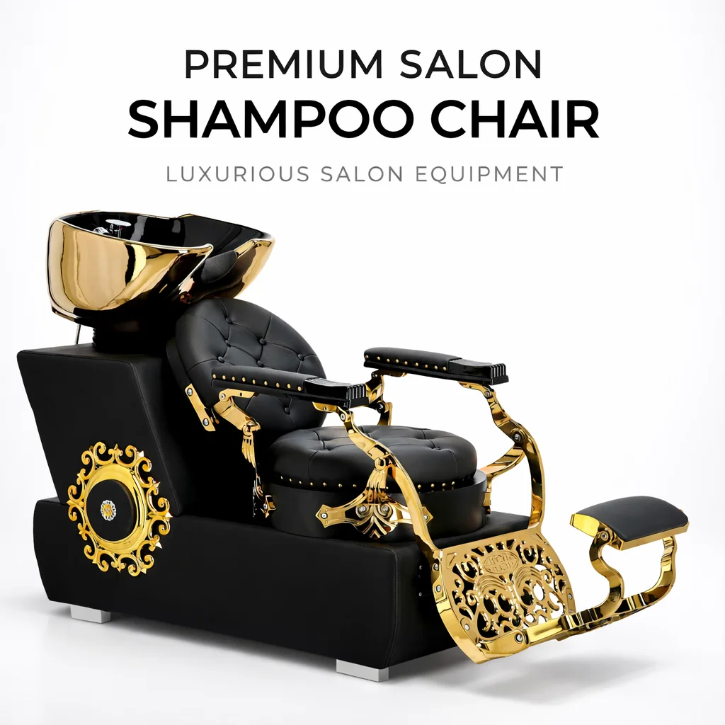 Luxury European Black Gold Shampoo Backwash Unit Salon Shampoo Chair With Ceramic Basin