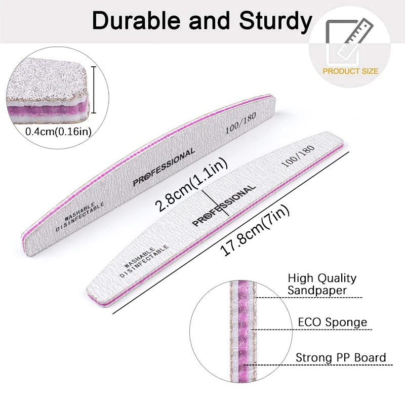 5Pcs Professional Nail Art File Grey Buffer 100/180 Grit Curved Double Sided Sanding Block Grinding Toenail Files For Manicure