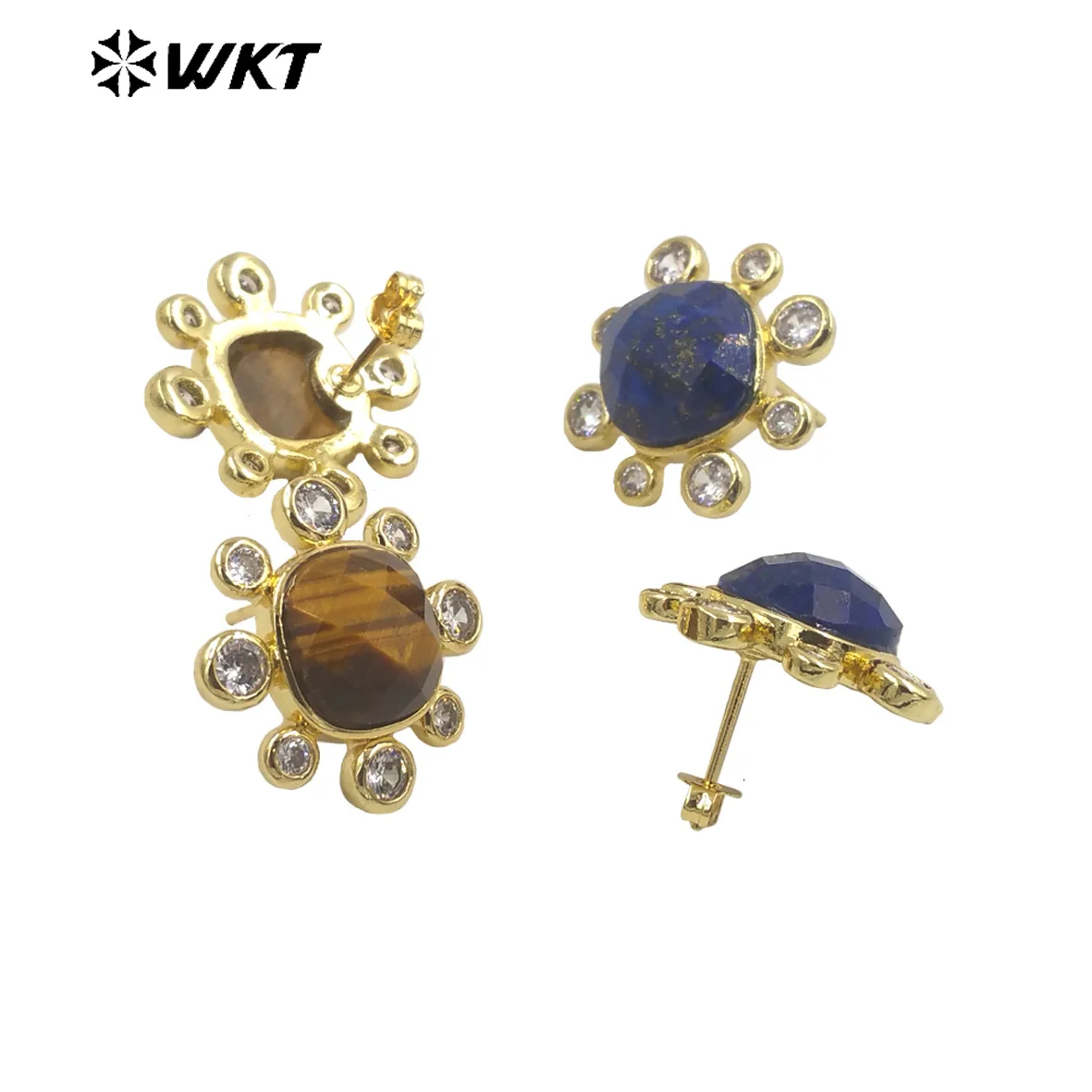 WT-ME091 Wholesale newest fashion square gemstone with clear cubic zircon around setting earrings studs gold Birthday earring