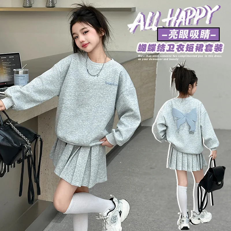 2026 tracksuit girls autumn bow sweatshirt hooded top t-shirt + Pleated skirt teenager children clothes set 4 8 10 11 12 14 year