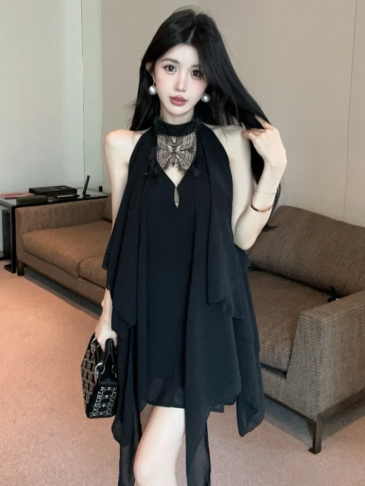

Heavy Embroidery Lace Halter Neck Summer Dress Women's Fashion Korean Style Standard Size Skirt Knot Uneven Hem Chi...