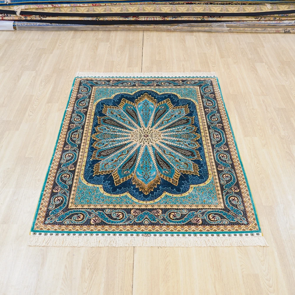 122x183cm Handmade Isfahan Carpet Green Hand Knotted Silk Rug Turkish Design