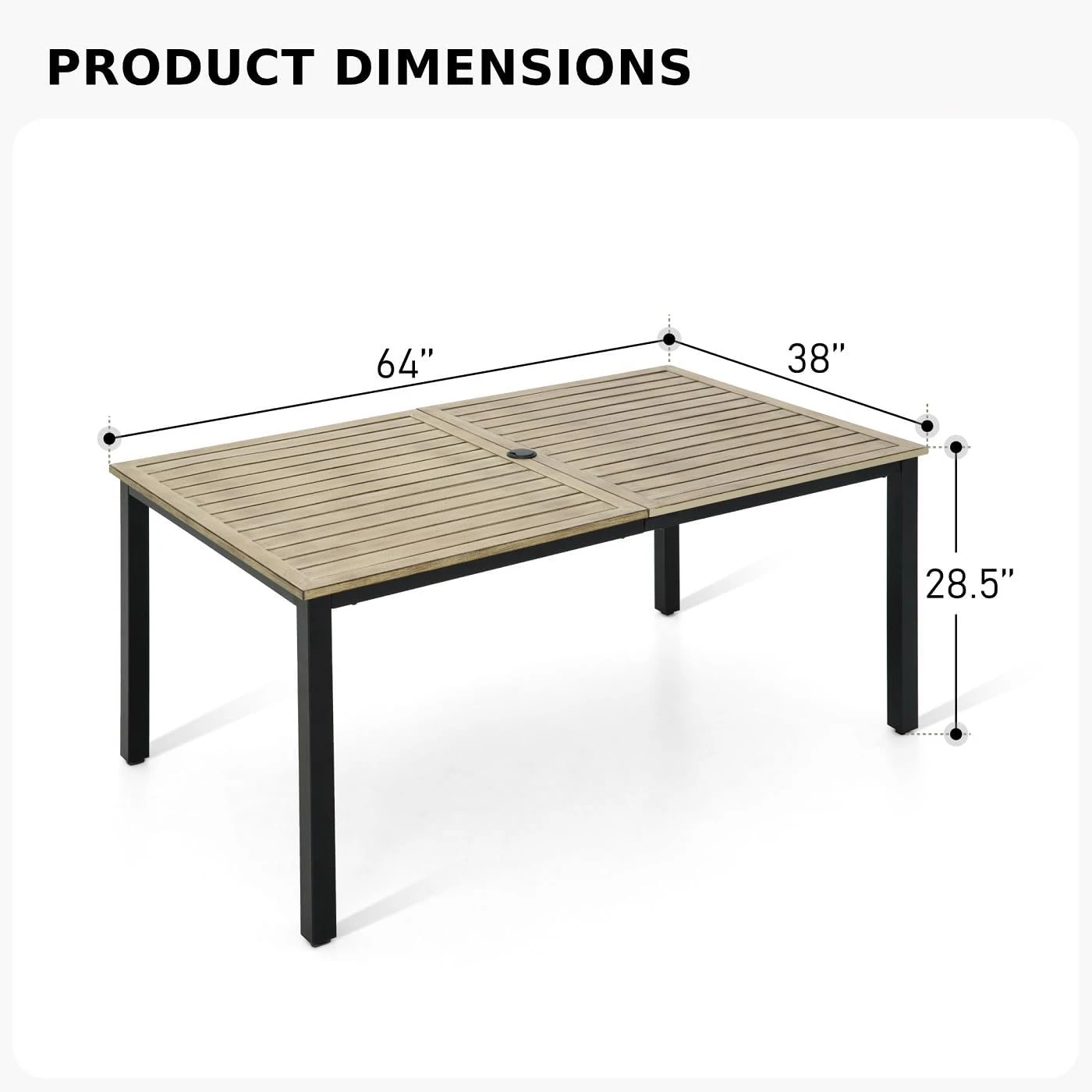 Juego de comedor para Patio, mesa de exterior, sillas para 6, 64x38 pulgadas, mesa rectangular de aspecto de madera con agujero para paraguas, 6 x madera de Acacia, 7 piezas