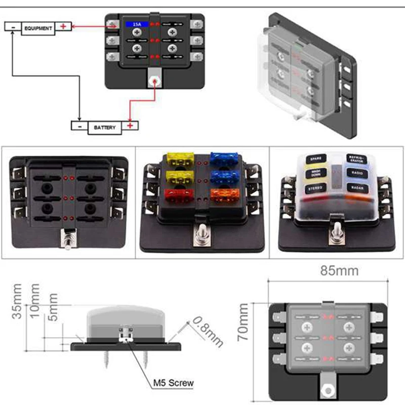 6 Way Spade Terminal Blade 12-32V Fuses Box Holder With LED Light Kit For Car Boat Marine Trike Automotive 30A Fuses