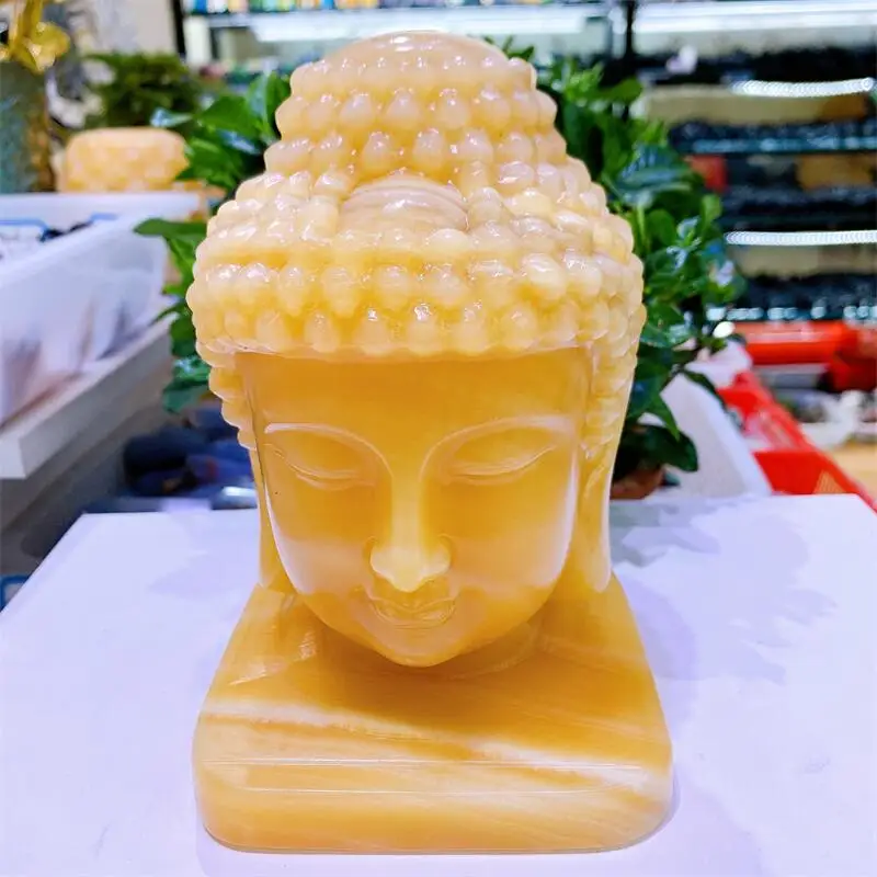 15CM Natural Yellow Calcite Crystal Buddha Head Figurine Carving Buddhism Home Decoration Healing Meditate Reiki Feng Shui 1pcs