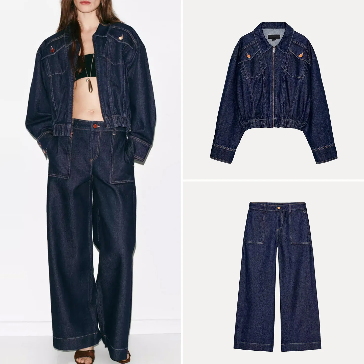 

Women's Pilot Jacket Coat And Wide Leg Pants Spring 2026 Fashion Set Long Sleeve Leather Coat mid Waist Wide Leg Pants