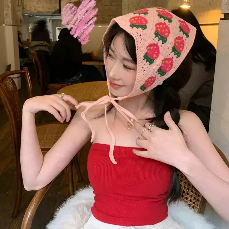 Korean Sweet Cute Crochet Hollow Triangle Headband Towel Women Spring and Summer Handmade Traveling Photo Hair Scarf
