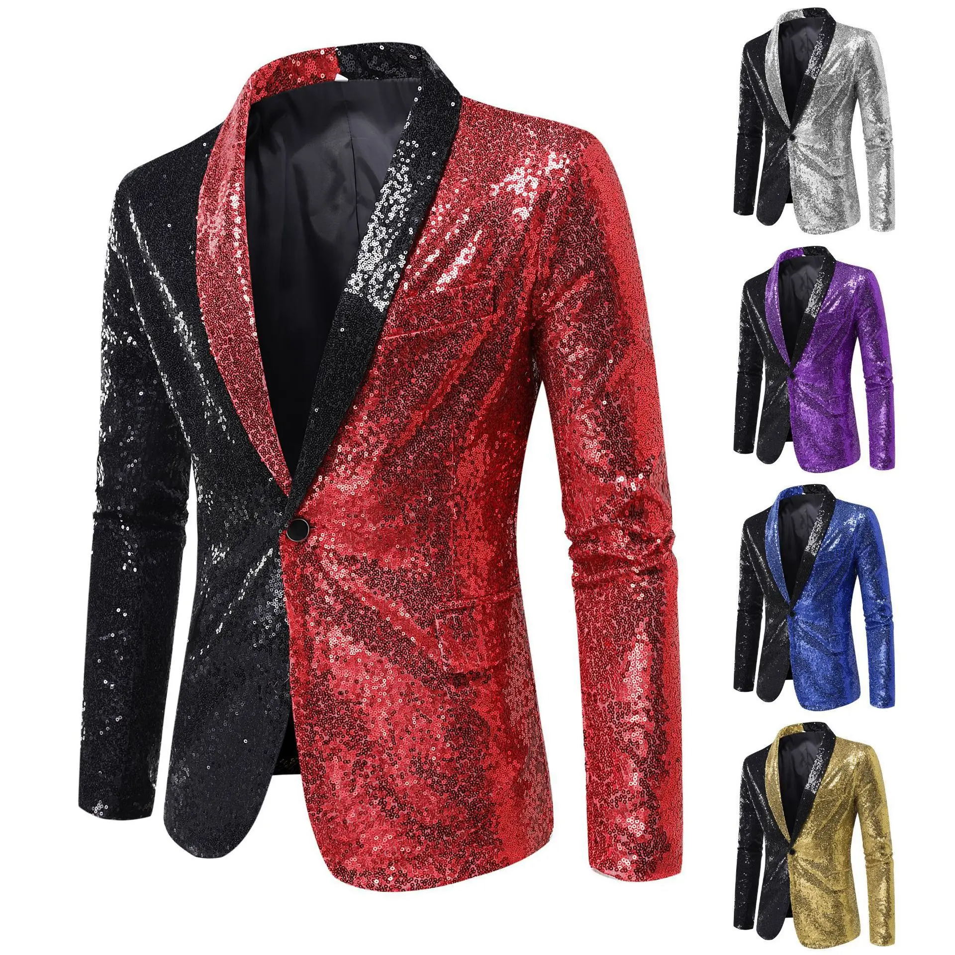 Color Blocked Sequin Suit Men's Host Performance Jacket Shiny Gold Sequins Blazer for Men's DJ Stage Singer Dance Show Dress