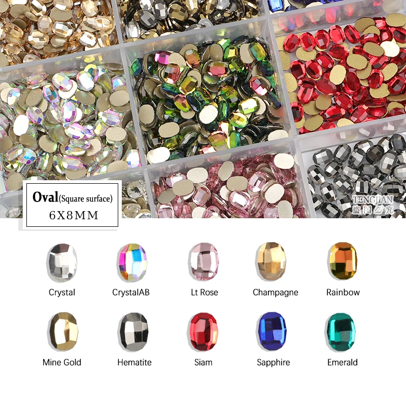 Square Surface Oval Shape 6x8MM Flat Back Nail Art Rhinestone 12 Color Glass Stone DIY Manicure Decorations Mini Diamond 100Pcs