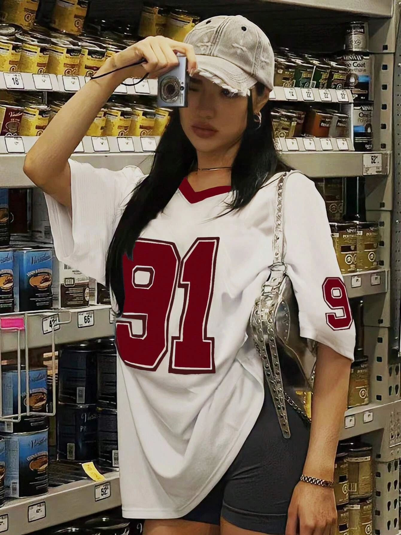 Women's Los Angeles Baseball Jersey - V - Neck Striped Sleeves, Big "23" Print Casual Oversized Fit for Trendy Sporty Looks