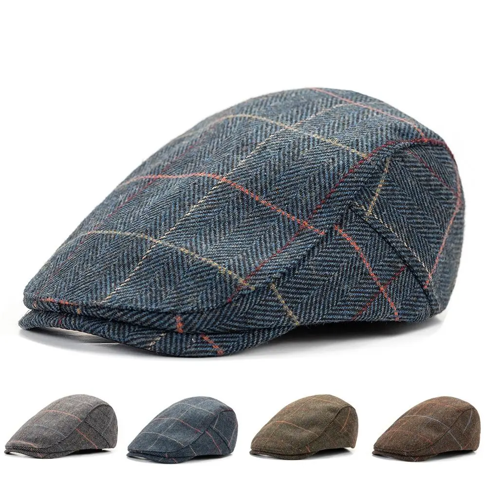 

Vintage Wool Blend Men's Beret Hat Adjustable Size Stripe Design Golf Flat Cap Classic Winter Thick Warm Gatsby Hat Gentleman