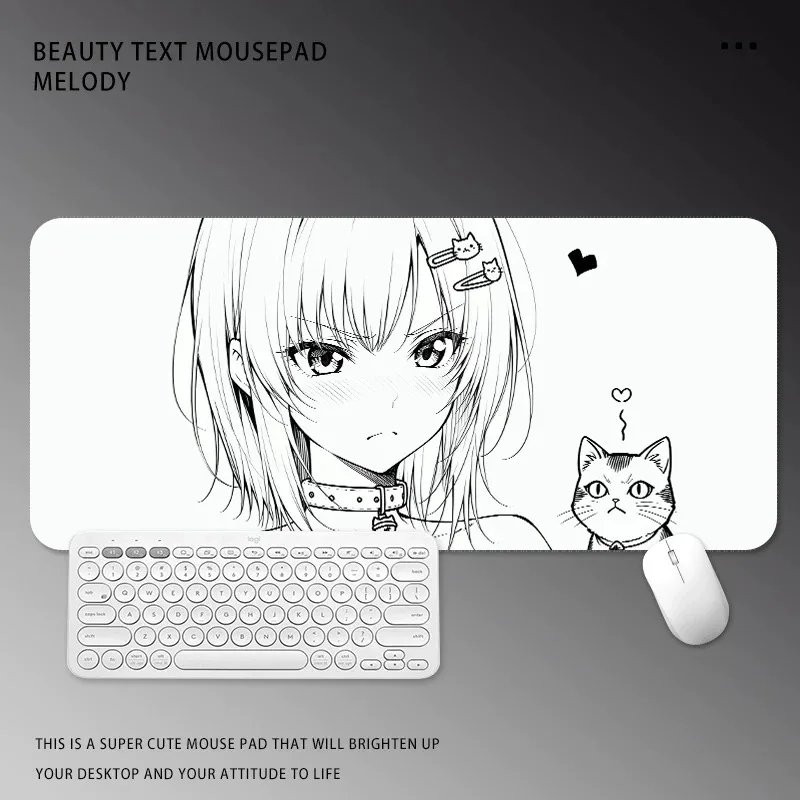 

Black and White Manga Girl Mouse Pad Large Gaming Desk Mat Cute Cat Line Art Keyboard Pad for PC Setup Home Office Room Decor