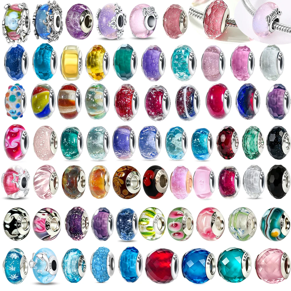 Farbige Muranoglasperlen aus 925er-Sterlingsilber, rund, glänzend, passend für Pandora-Original-Armbänder, DIY-Edelschmuck, Geschenk für Frauen