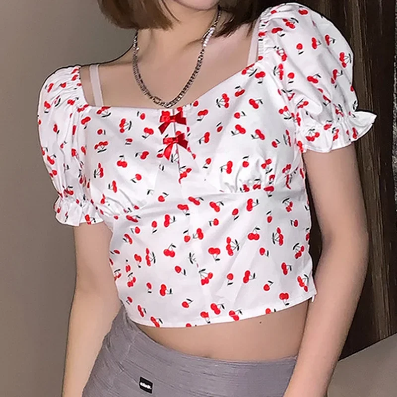 

New Summer Sweet Cherry Print Crop Top Preppy Style Casual Cute Square Collar Elegant White Short Puff Sleeve T-Shirts Women Y2k