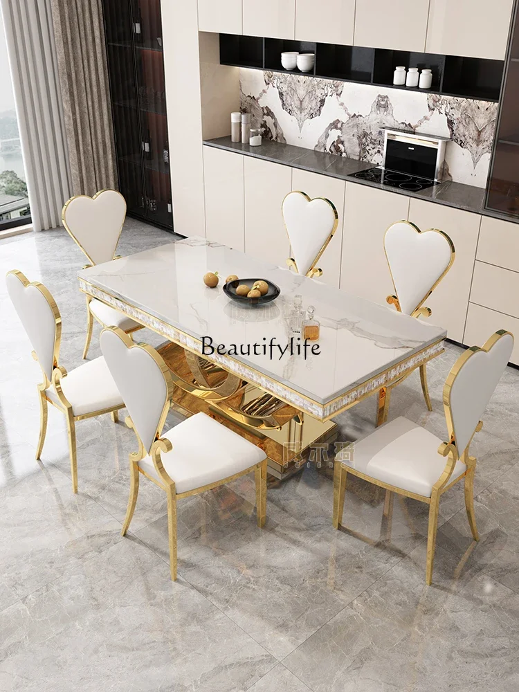 

z.Mild Luxury Marble Dining Table Simple Post-Modern Stainless Steel Dining Table High-End Rectangular