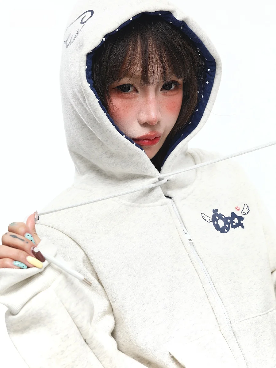 

Sanowers American Polka Dot Print ort Hoodie Women's Spring New Loose Match All Opening Cardigan Trendy Cotton Inner