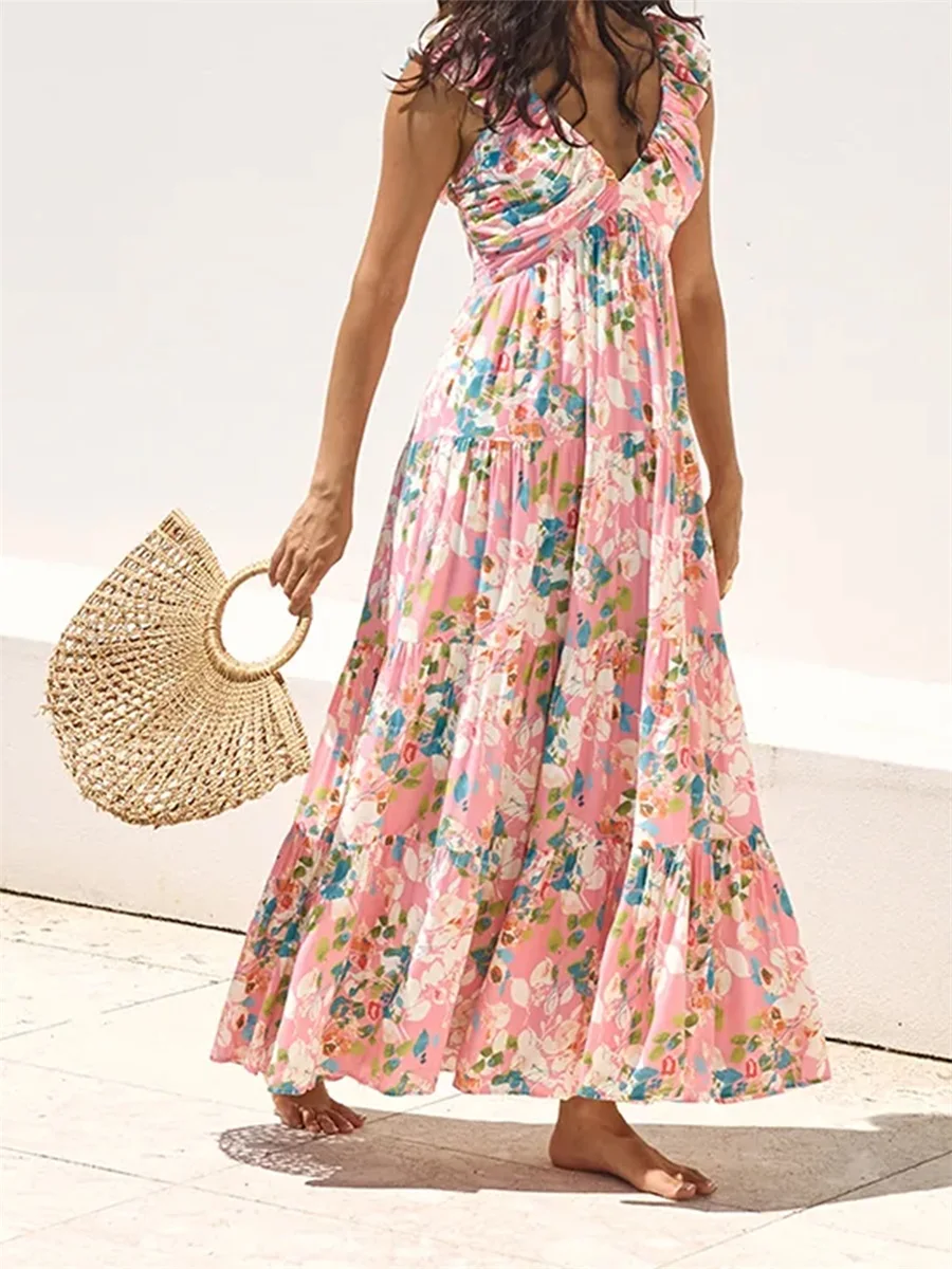 แม็กซี่เดรสแขนกุดหรูหราพร้อมพิมพ์ลายดอกไม้ Boho และชายกระโปรงจับจีบ เหมาะสําหรับงานปาร์ตี้และกิจกรรมชายหาดฤดูร้อน