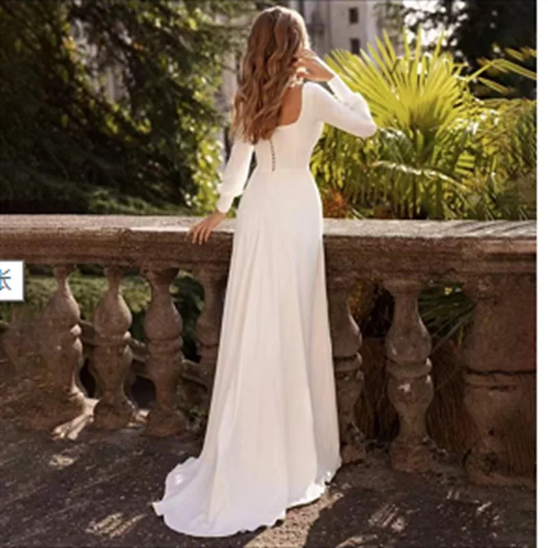 Satin light wedding dress fall new simple temperament long-sleeved super fairy travel shoot bride wedding white dresses