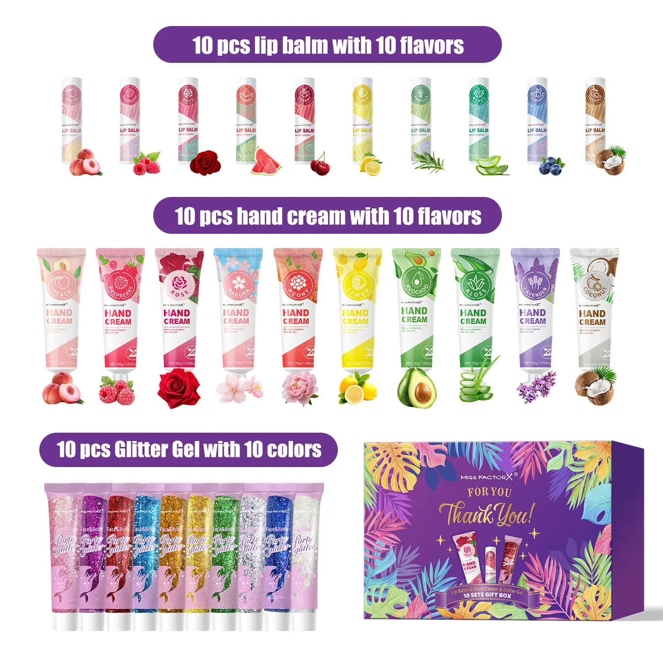 

10 gift boxes: including lipstick, hand cream, glitter gel, green thank you card and gauze bag