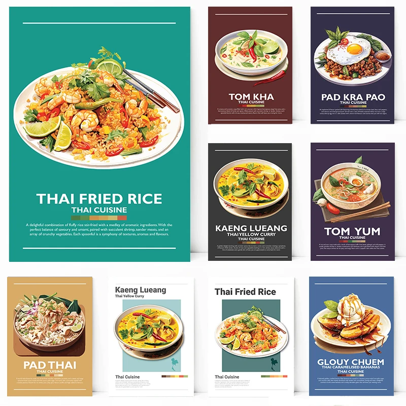 Póster minimalista de comida tailandesa, lienzo de Arroz pegajoso con Mango de Curry verde, imagen artística de pared, decoración del hogar y cocina