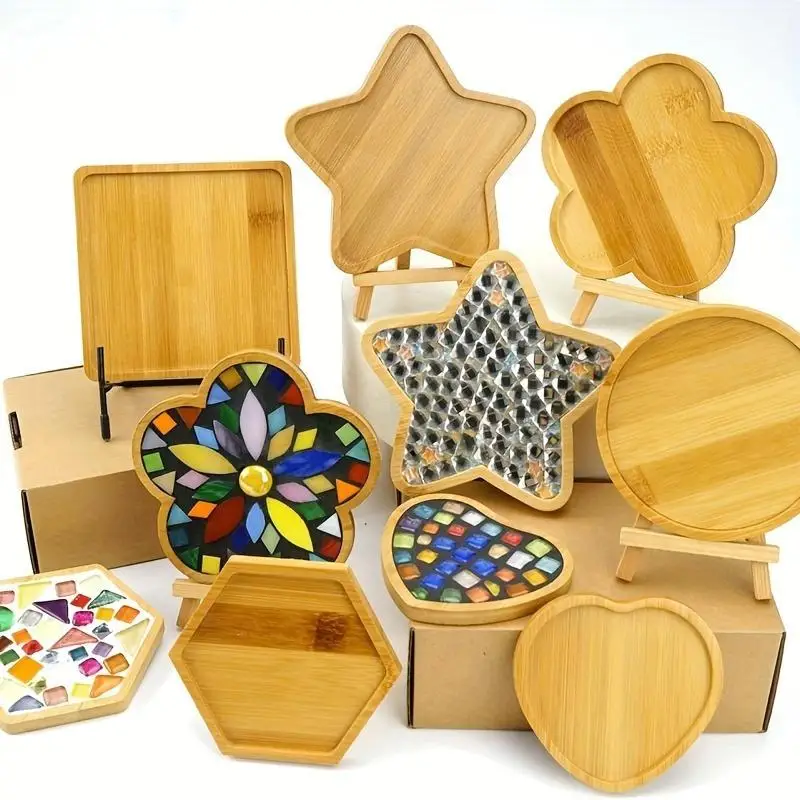 6-teiliges DIY Holzuntersetzer-Set Nachfüllbares Mosaik-Bastelset Herz Kreis Stern Sechseck Blumenformen Bunte Designs für Heimdekoration