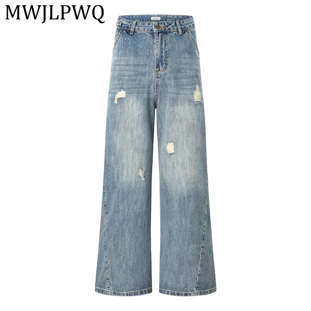 

MWJLPWQ Punk Retro Washed Ripped Wide-Leg Jeans For Men Loose Street Style Distressed Vintage Casual Floor-Length Pants 14191