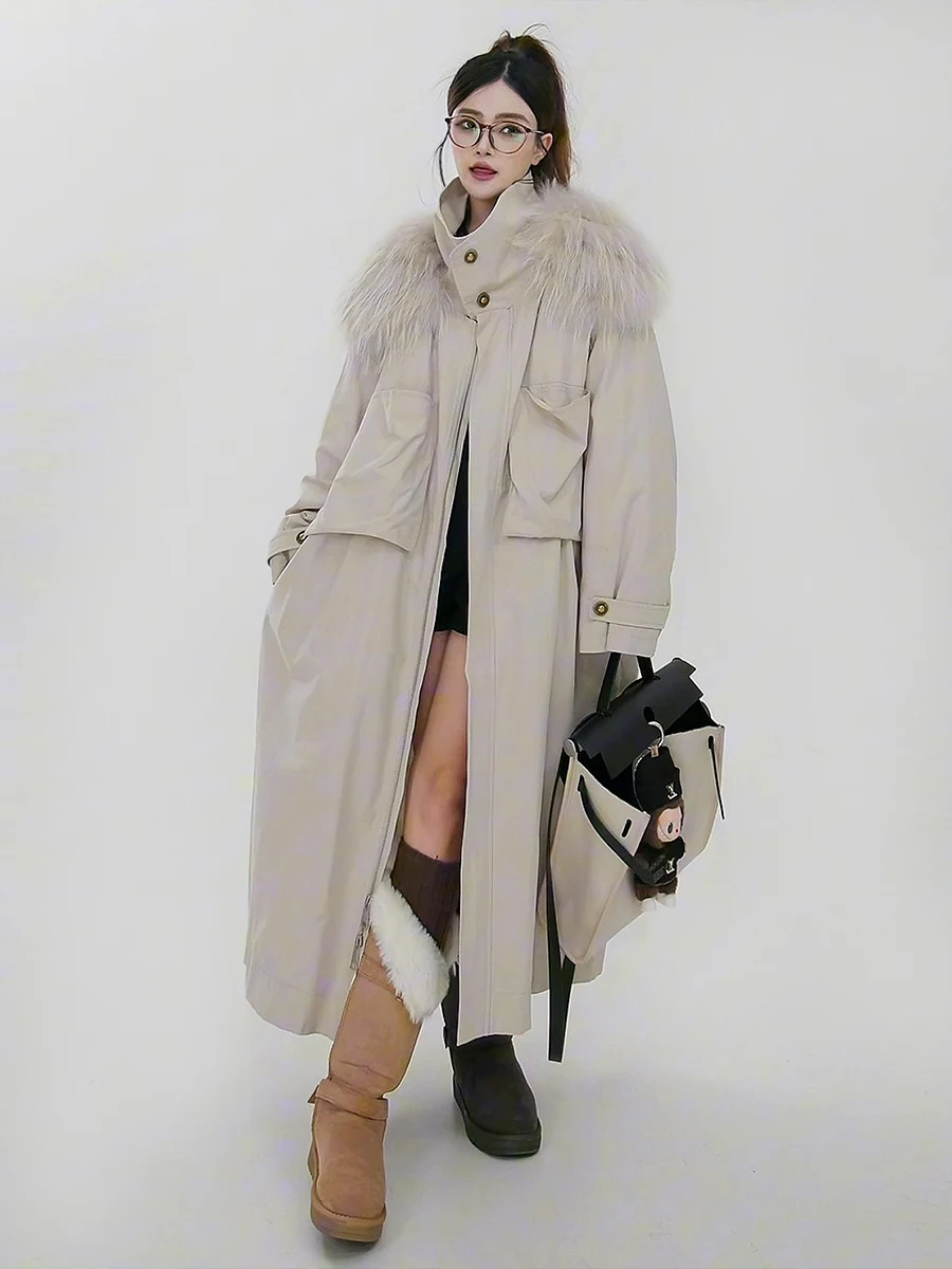 

Белая длинная женская утепленная куртка-пуховик с 90% белым утиным пухом, со съемным большим меховым воротником, ветрозащитная верхняя одежда