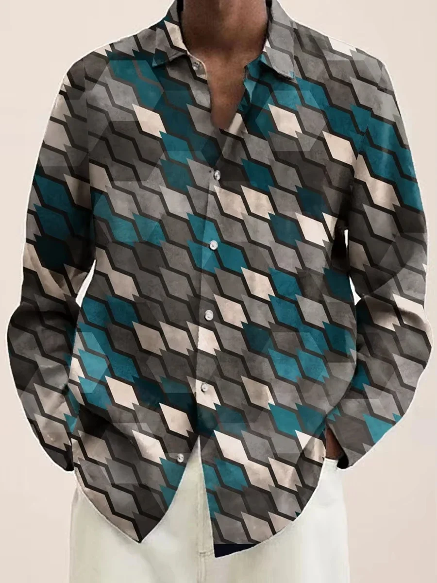 Men's Retro Geometric Graffiti Shirt 3D Digital Printi Fashion Statement Plaid Shirt Retro Print Long Sleeve Button Lapel Luxury