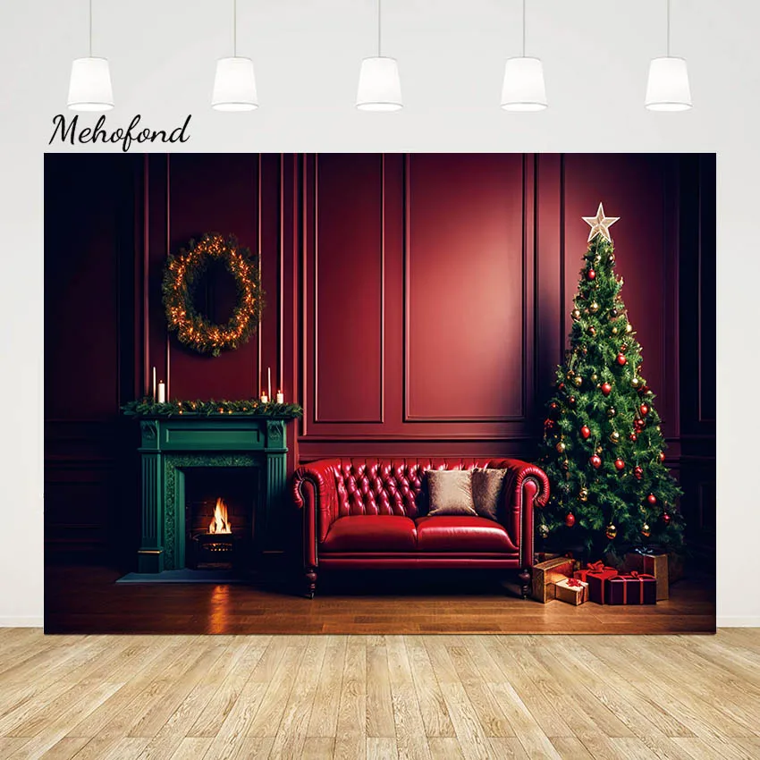 Mehofond Christmas Retro Red Wall Backdrop for Photography Xmas Tree Gift Star Sofa Decor Background Kid Family Portrait Photo