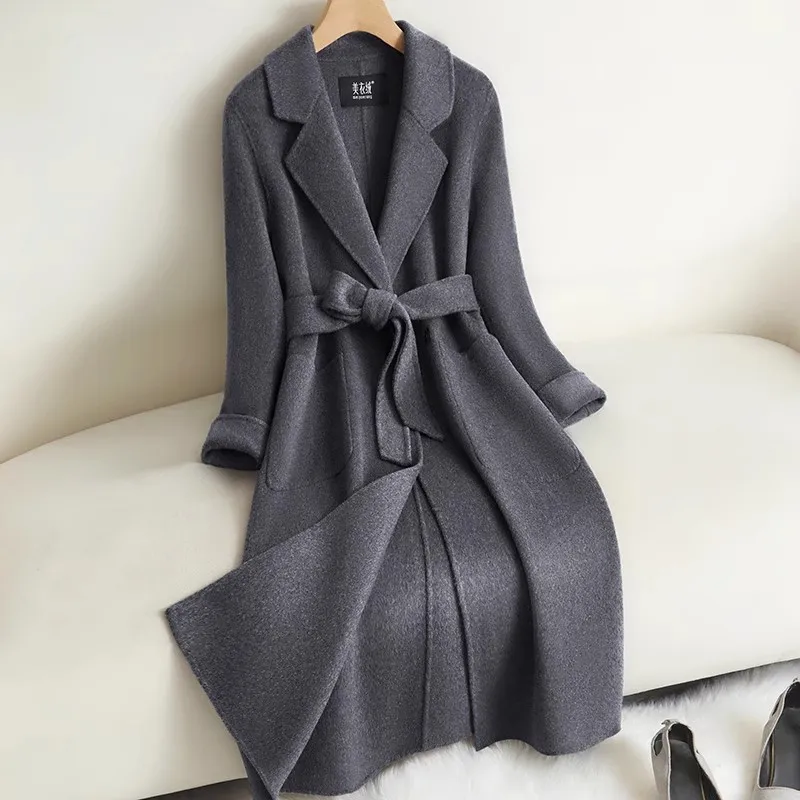 High-grade Black double-sided Cashmere Coat Women's Slim Long Fashion Temperament Autumn Winter Lace up Woolen Coats Female