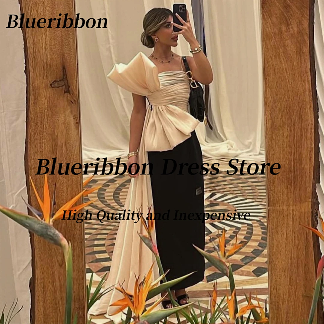 

Blueribbon Customized Ankle Length Black Prom Dresses Ruched Big Bow Strapless Evening Party Dress Zipper Back Vestido Formatura