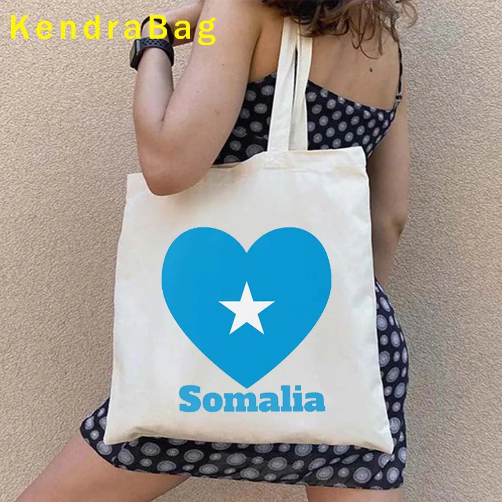 Bolsas de lona para mulheres, Harajuku, bolsas de algodão, presentes bonitos, bandeira do mapa do país, menina somali, coração do amor, patriótico