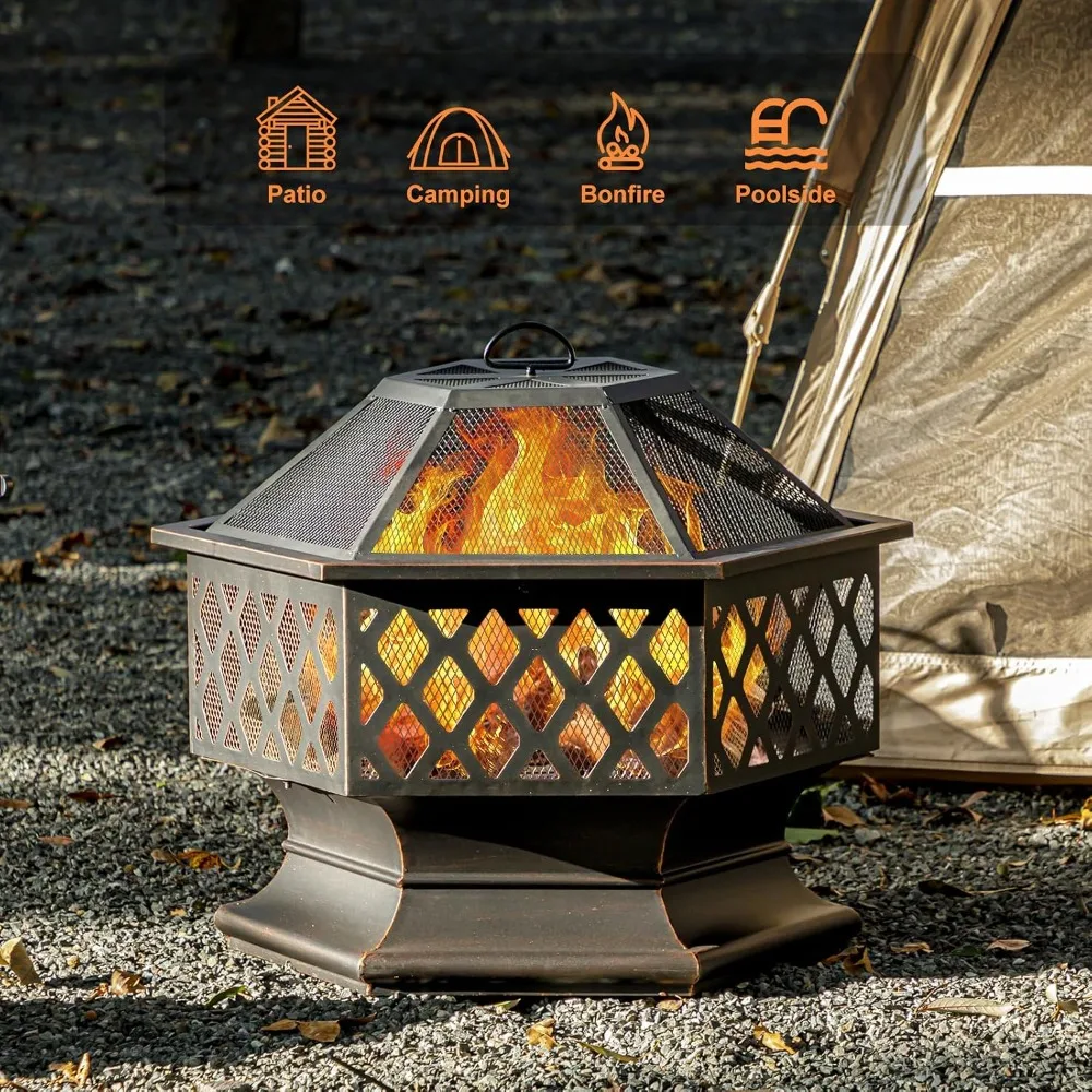 28 Inch Hexagon Outdoor Fire Pit for Patio and Backyard
