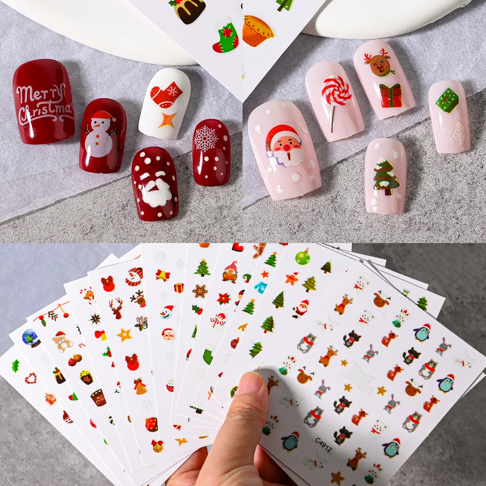 3D Santa Claus Elk Christmas Nail Stickers Cute Snowman Gloves Self Adhesive Sliders Nail Decals Snowflakes Manicure Decoration