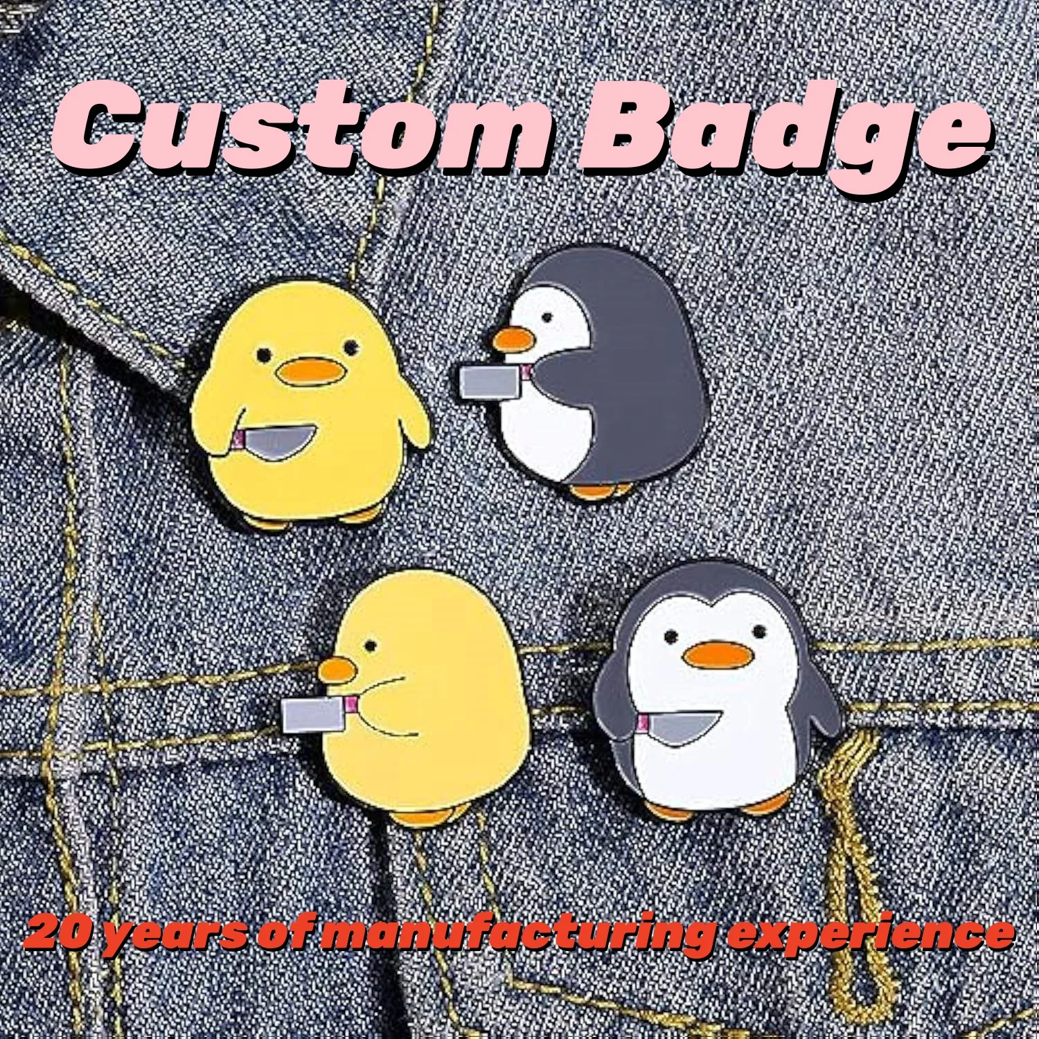 Custom Cute Penguin Duck Knife Metal Lapel Pin Personalized Funny Cartoon Enamel Brooch Denim Jacket Backpack Decor Gift