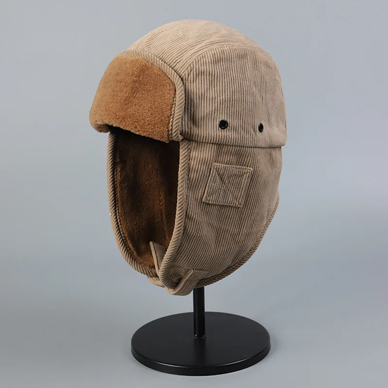 Corduroy Ear Protection Hats for Women Men Winter Warm Outdoor Working Beanie Soft Hand Feeling Thicker Sports Skiing Caps Khaki