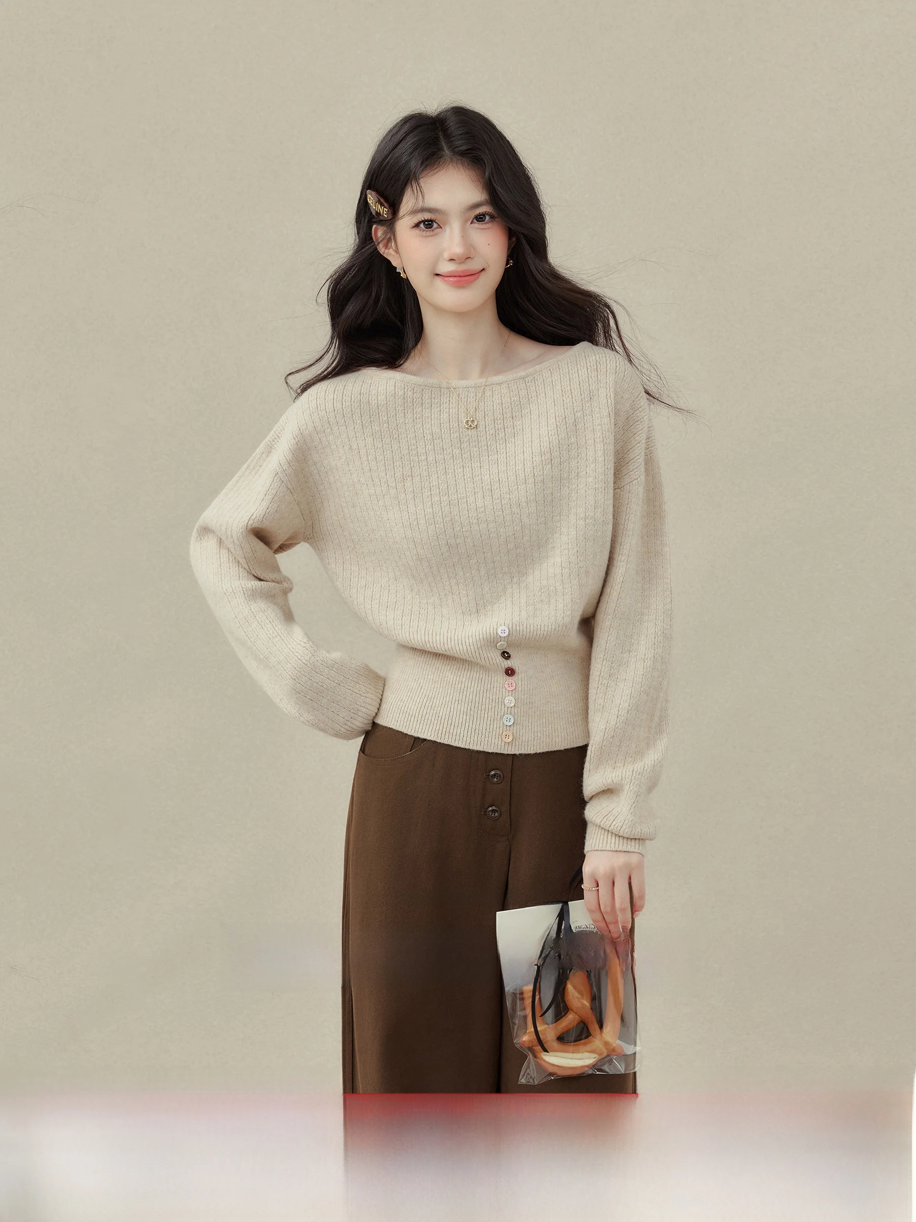 

Loose Knitted Sweater Button Inner irt Color Blo Oversize Women's Winter Faion Casual Sle ort Length Long Sve